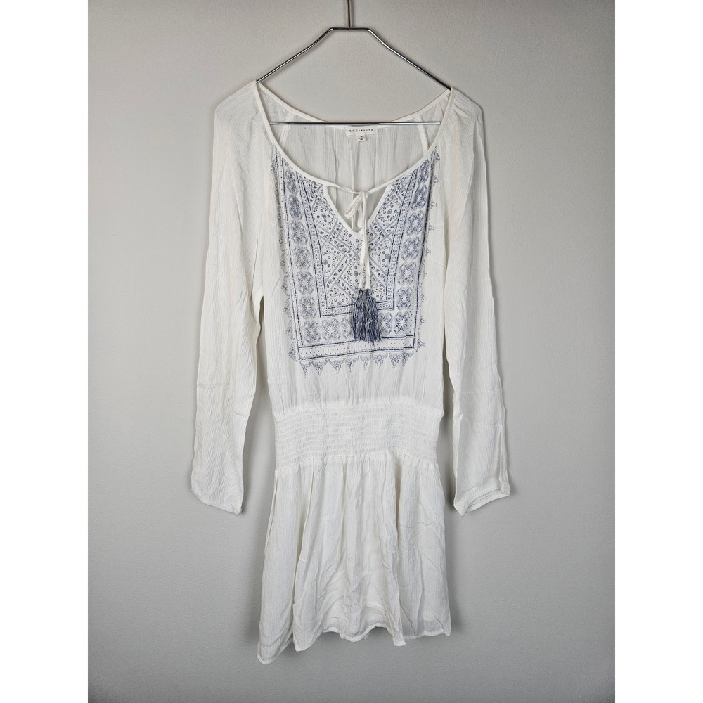 Socialite White Blue Embroidered Smocked Drop Waist Boho Mini Dress 91815-E85 M